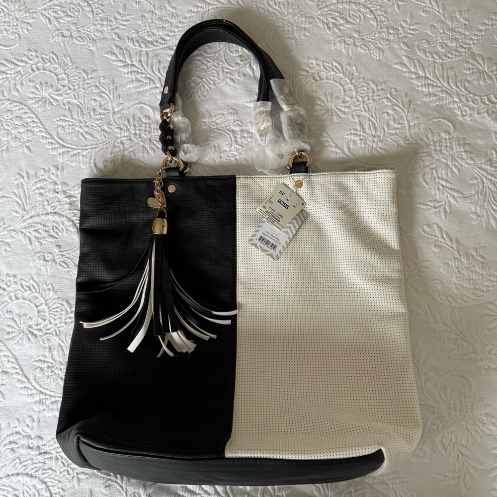 NWT Deux Lux Hudson Black and White Tote Bag with Tassle.